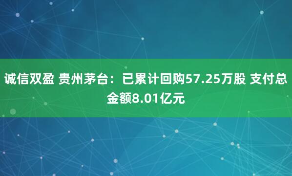 诚信双盈 贵州茅台：已累计回购57.25万股 支付总金额8.01亿元