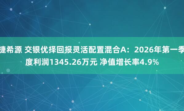 捷希源 交银优择回报灵活配置混合A：2026年第一季度利润1345.26万元 净值增长率4.9%